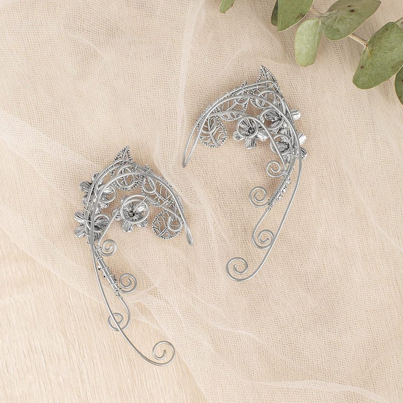 Yolmina Elven Ear Cuffs for Women, Handmade Elf Fairy Earrings Cuff Wrap Clip-on Filigree Earrings for Fantasy Fairy Halloween Costume, Cosplay, Wedding, Handcraft (Silver) - Image 5